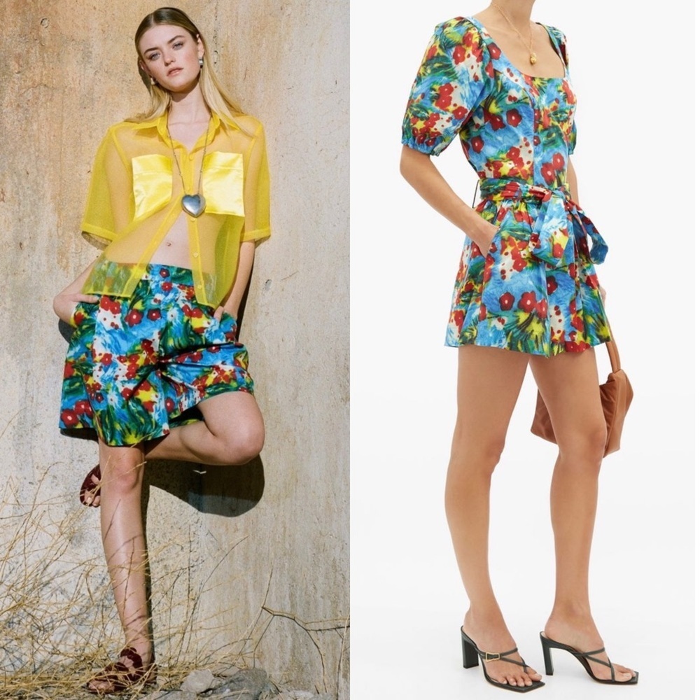 STAUD Tropical Floral Print Cotton‎ Pleated High Rise Tie Belt Relaxed Shorts 2